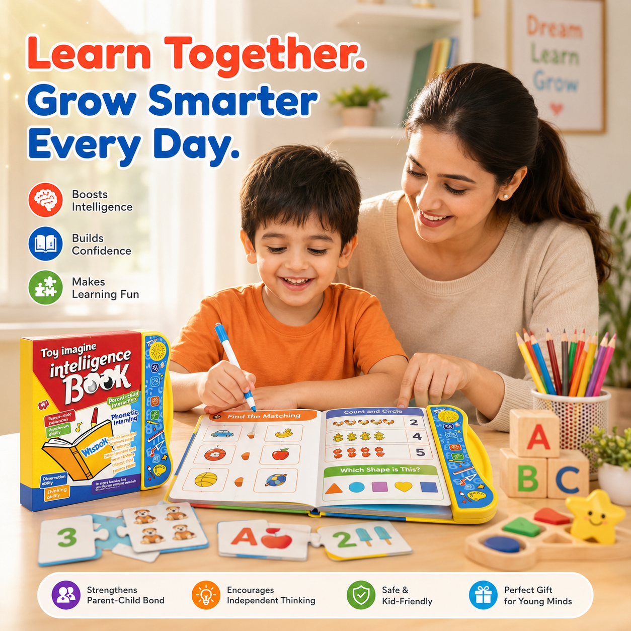 One book, many lessons! ABCs, numbers, fruits, animals, vehicles — learning made colorful and fun