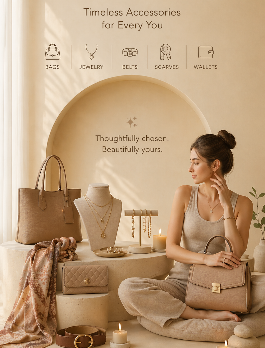 Elevate your look with our beautiful everyday accessories. Explore premium bags, delicate gold jewelry, silk scarves, and chic wallets designed just for you.