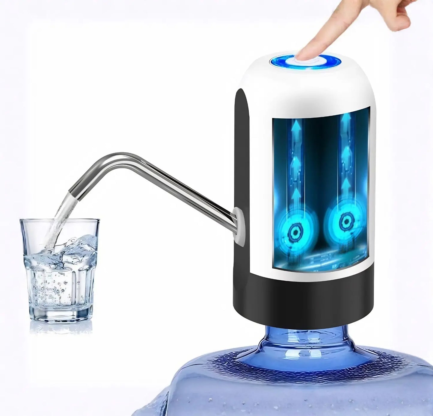 Portable USB rechargeable water bottle pump for 5-gallon bottles, ideal for home, office, travel, camping, and outdoor use
