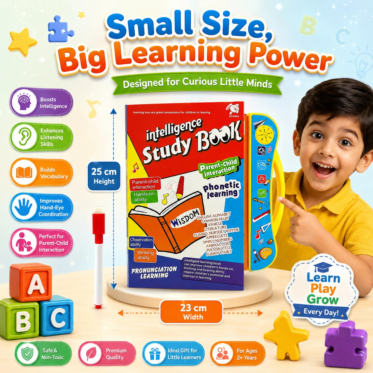 One book, many lessons! ABCs, numbers, fruits, animals, vehicles — learning made colorful and fun