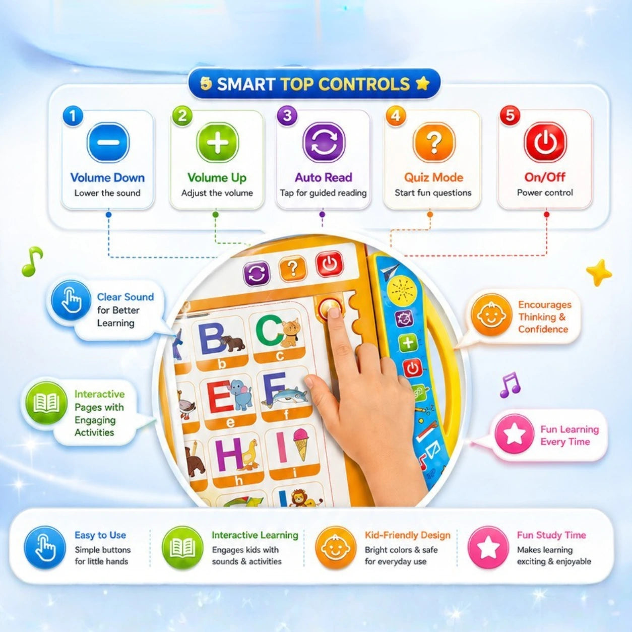 One book, many lessons! ABCs, numbers, fruits, animals, vehicles — learning made colorful and fun