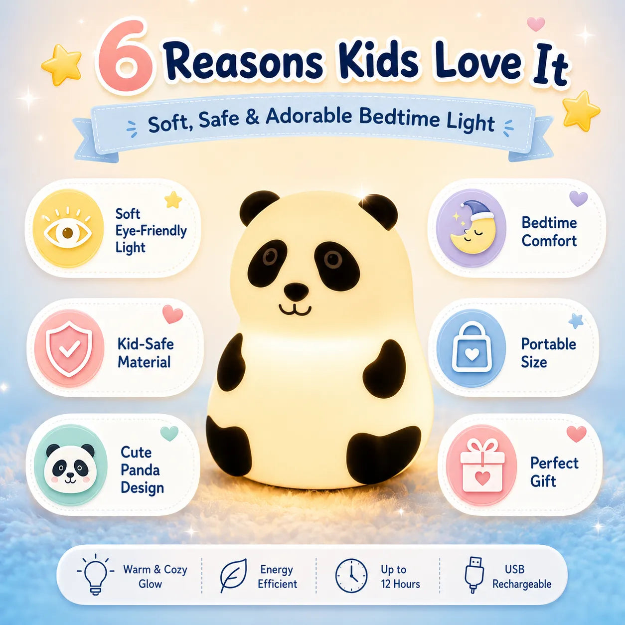 Rechargeable Large Cute Panda with scarf LED Night Light for Kids, Bedside Lamp with Warm Light (1 Pc)