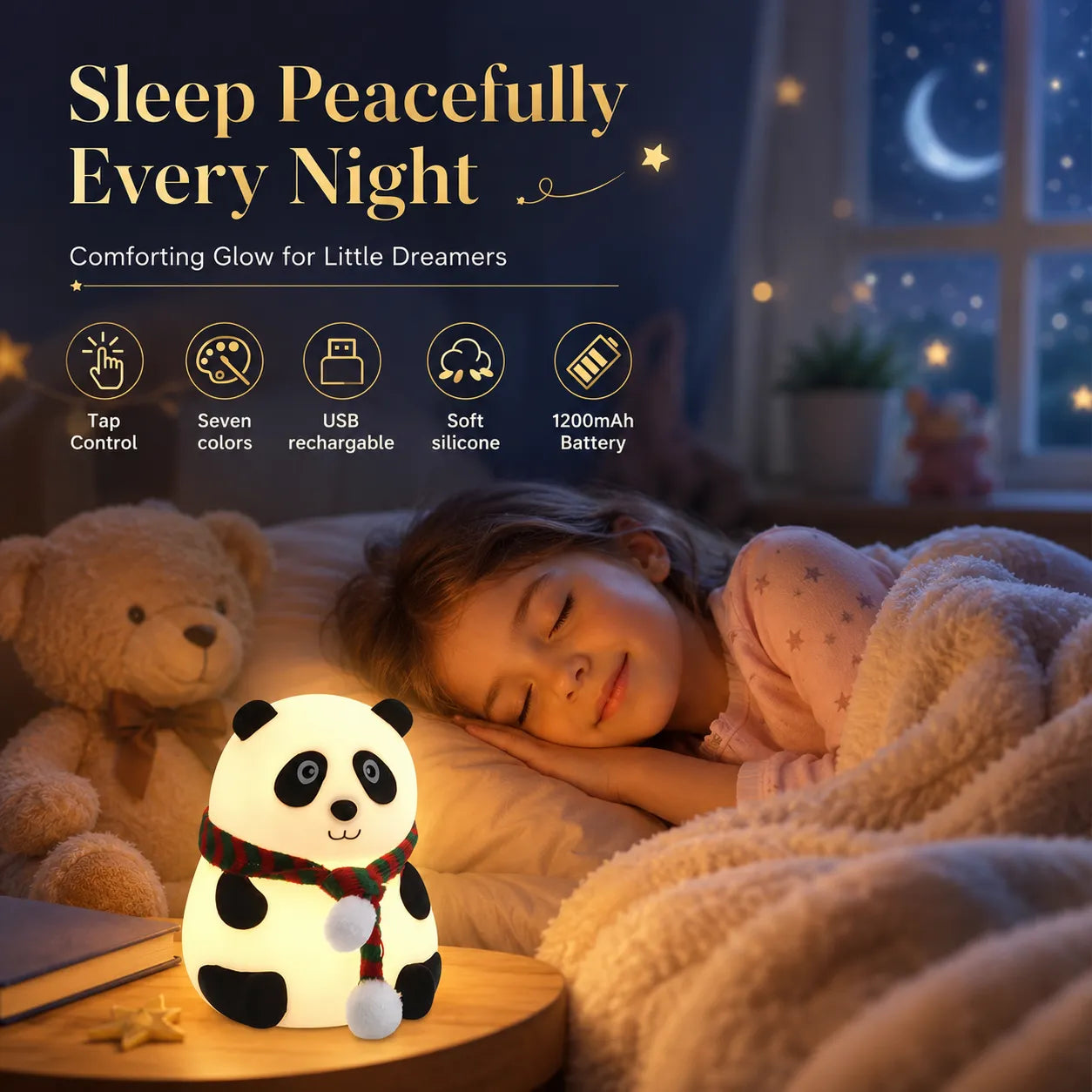 Rechargeable Large Cute Panda with scarf LED Night Light for Kids, Bedside Lamp with Warm Light (1 Pc)