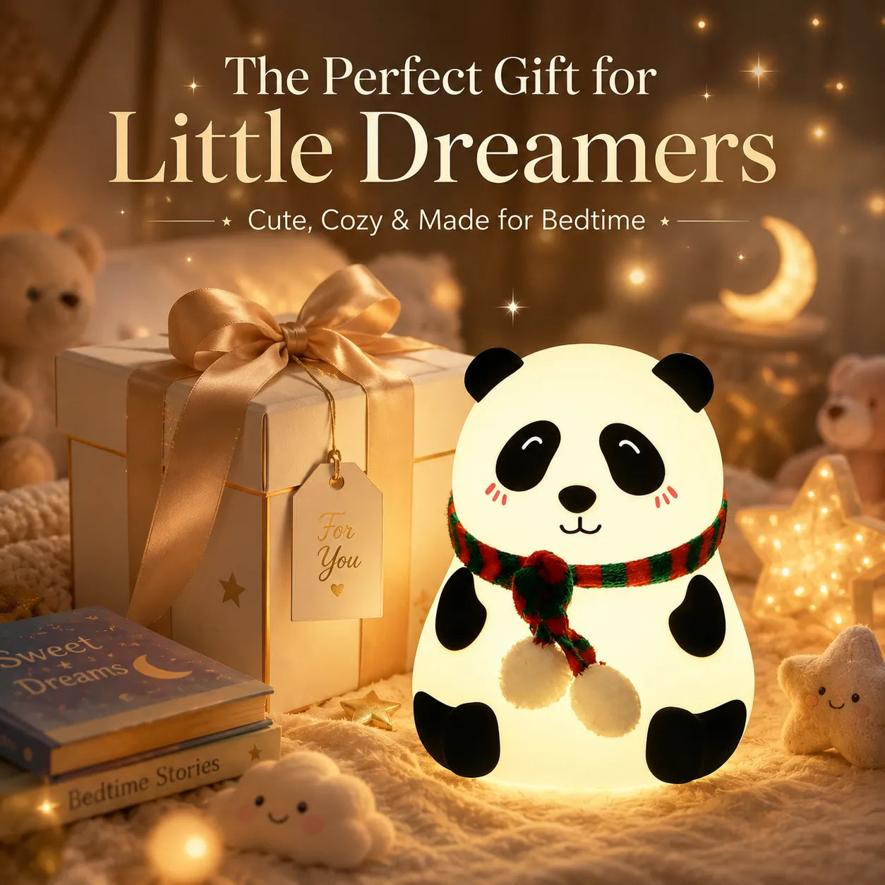 Rechargeable Large Cute Panda with scarf LED Night Light for Kids, Bedside Lamp with Warm Light (1 Pc)