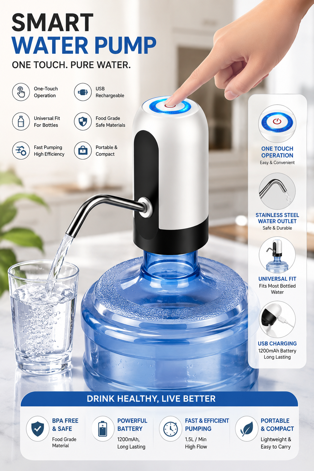 Portable USB rechargeable water bottle pump for 5-gallon bottles, ideal for home, office, travel, camping, and outdoor use