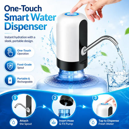 Portable USB rechargeable water bottle pump for 5-gallon bottles, ideal for home, office, travel, camping, and outdoor use