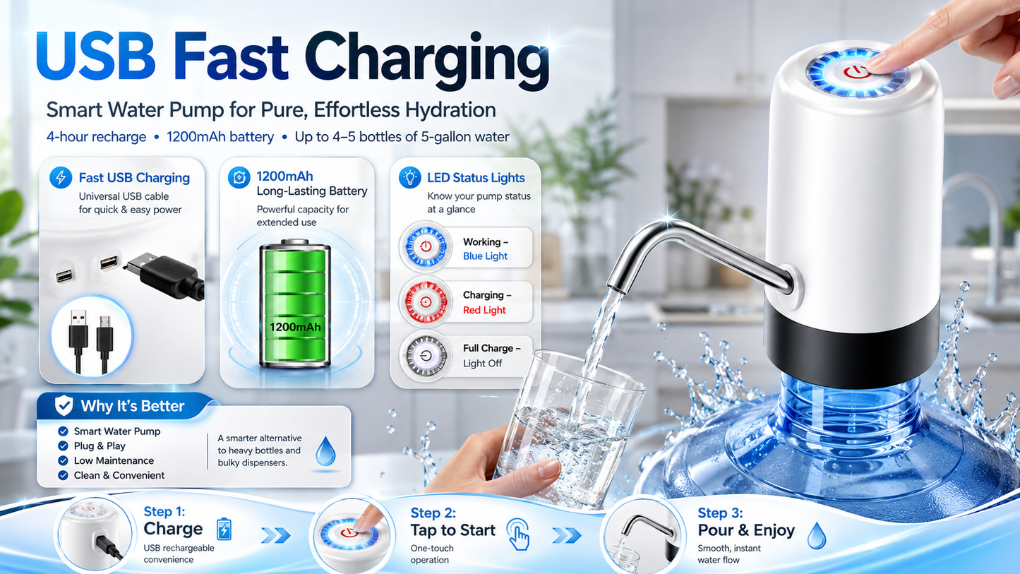 Portable USB rechargeable water bottle pump for 5-gallon bottles, ideal for home, office, travel, camping, and outdoor use