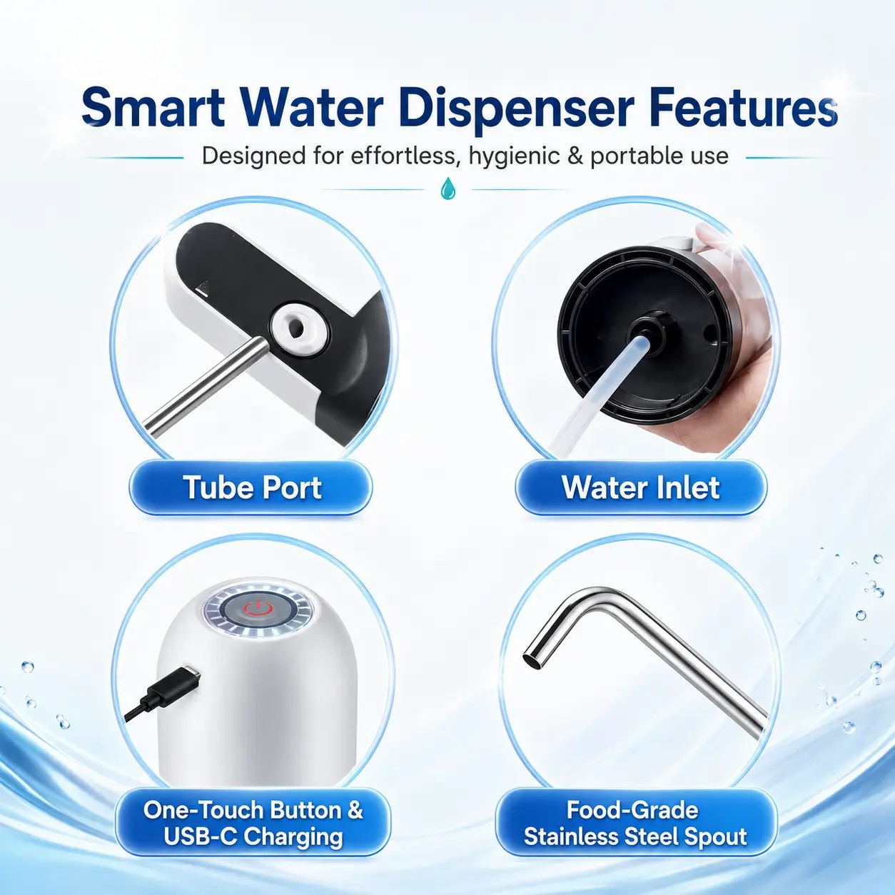 Portable USB rechargeable water bottle pump for 5-gallon bottles, ideal for home, office, travel, camping, and outdoor use