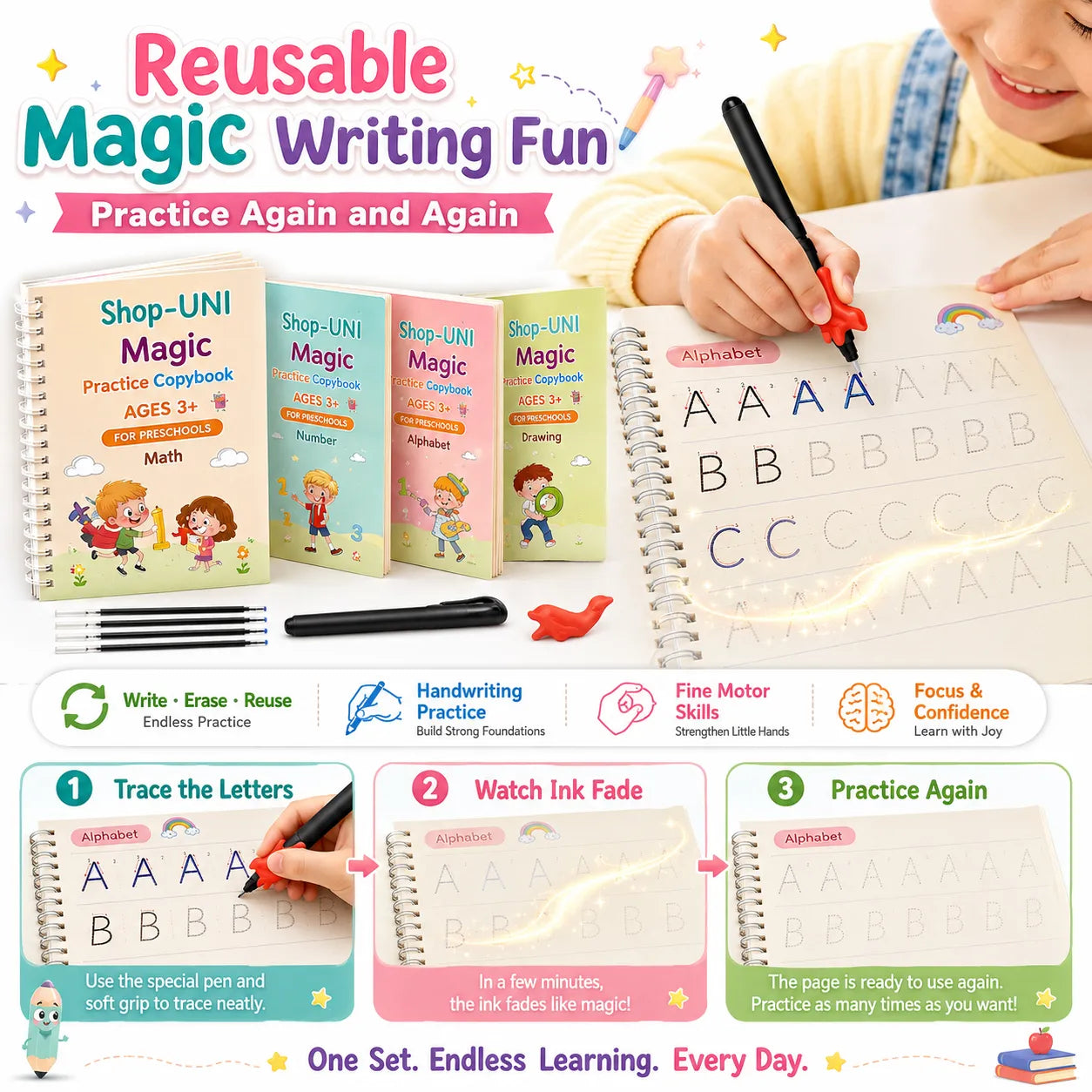 4 Pc Fun Learning Cute Preschool Writing Magic Book for Little Hands