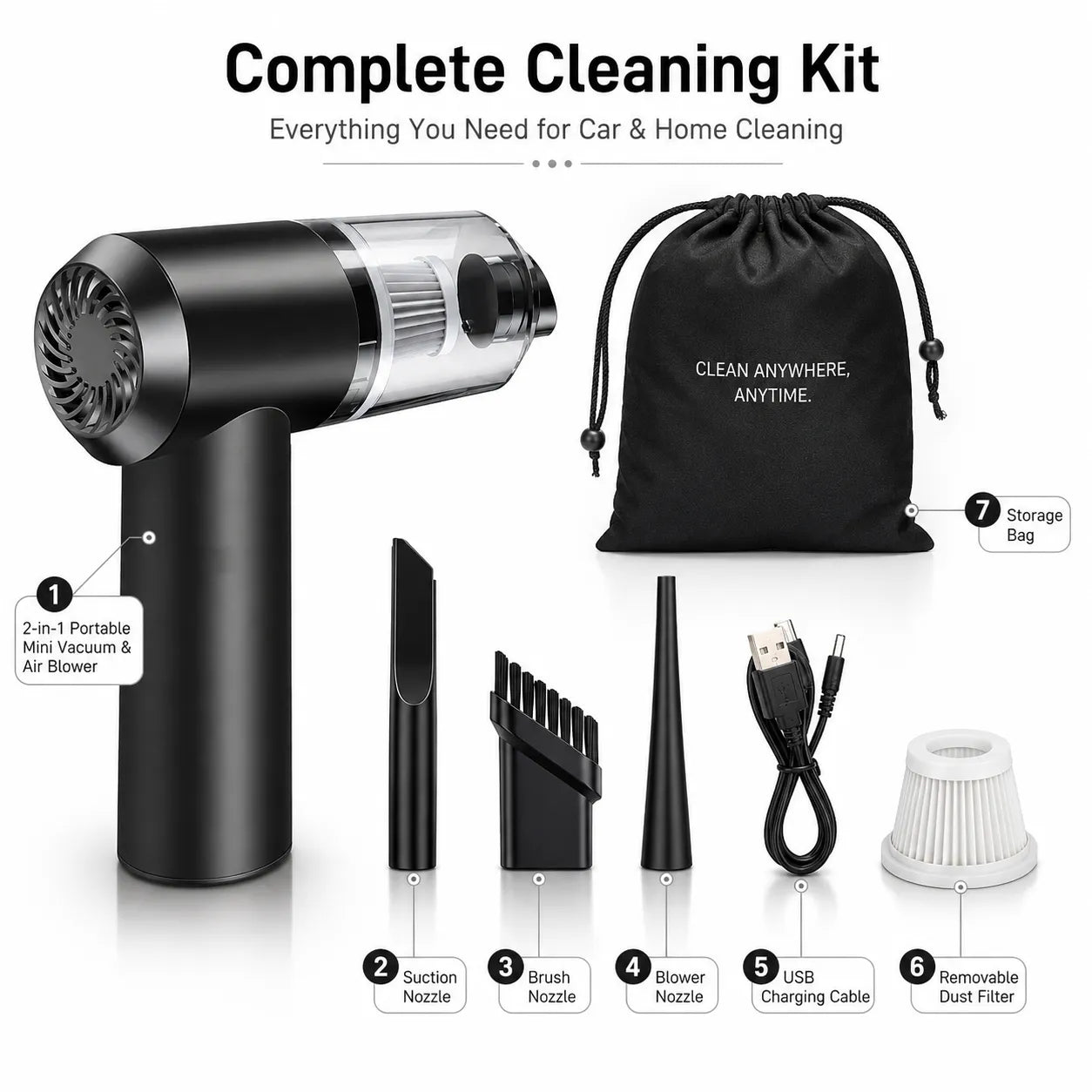 2-in-1 Portable Mini Car Vacuum & Air Blower. Rechargeable, cordless, and compact for home, car, or travel