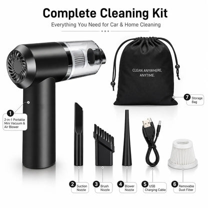 2-in-1 Portable Mini Car Vacuum & Air Blower. Rechargeable, cordless, and compact for home, car, or travel