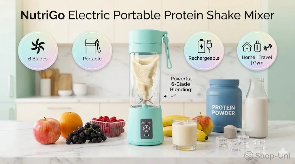 NutriGo Electric Portable Protein Shake Mixer for Home, Travel & Gym - 6 Blades (Protein Shaker)