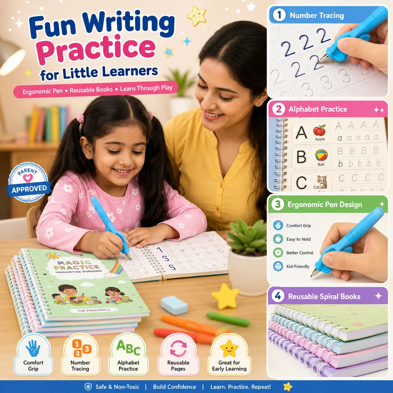 4 Pc Fun Learning Cute Preschool Writing Magic Book for Little Hands