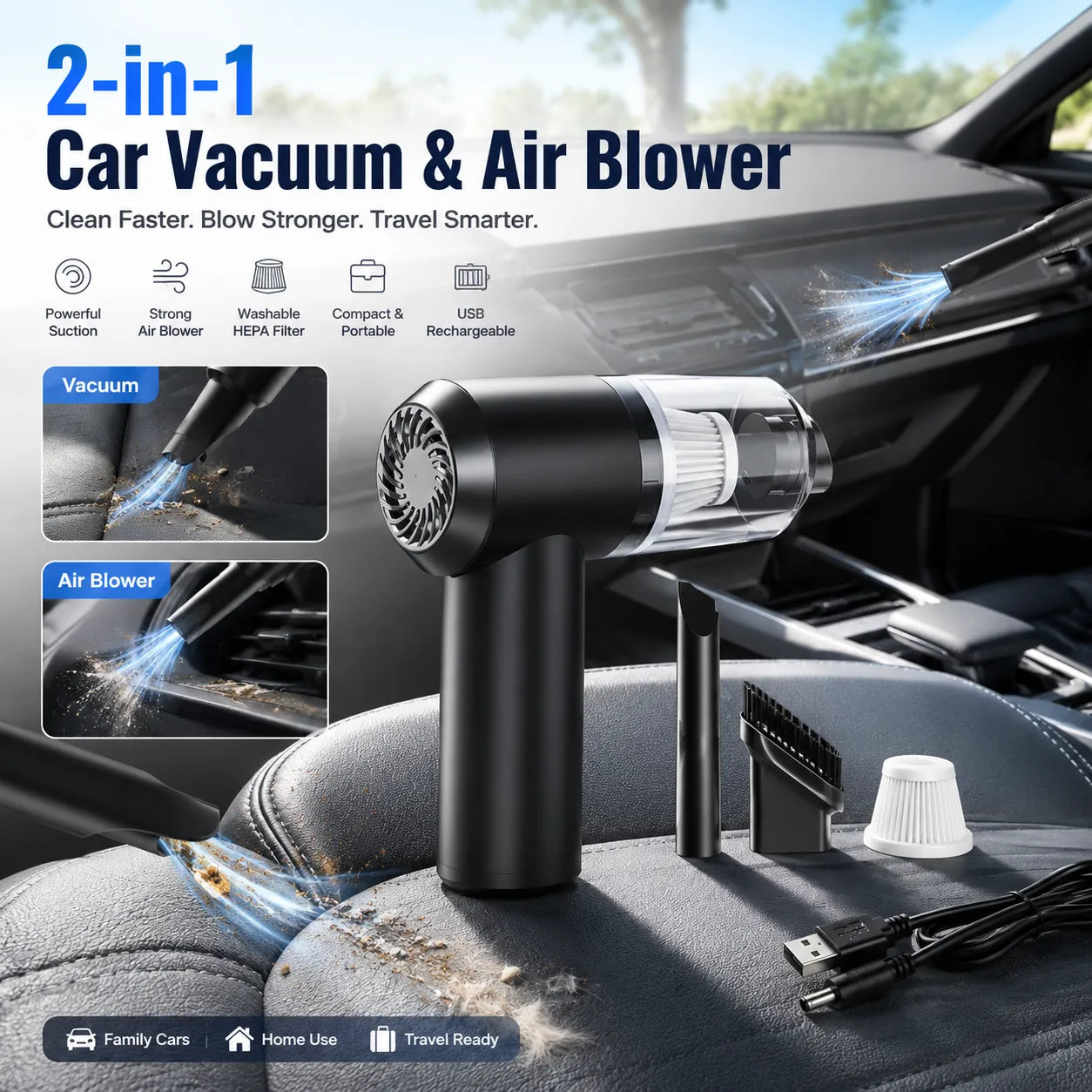 2-in-1 Portable Mini Car Vacuum & Air Blower. Rechargeable, cordless, and compact for home, car, or travel