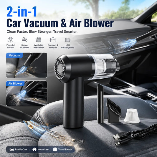 2-in-1 Portable Mini Car Vacuum & Air Blower. Rechargeable, cordless, and compact for home, car, or travel