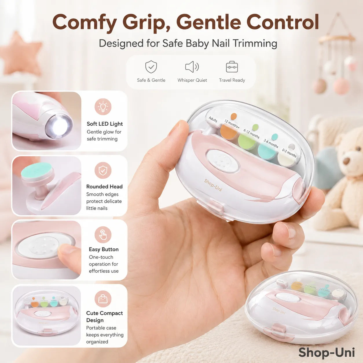 Soft LED Glow for a Peaceful, Comfy Grip, Cute Trims for Baby Nails