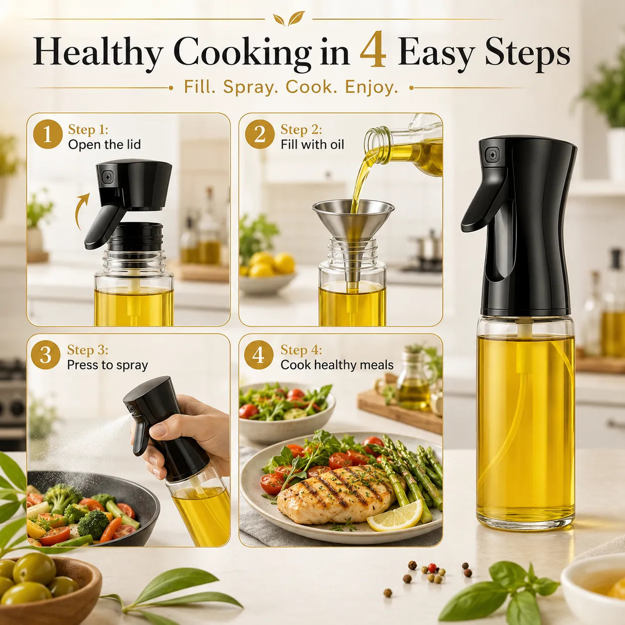 Smart Kitchen Healthy Cooking Oil Sprayer Bottle for Pan, Air Fryer