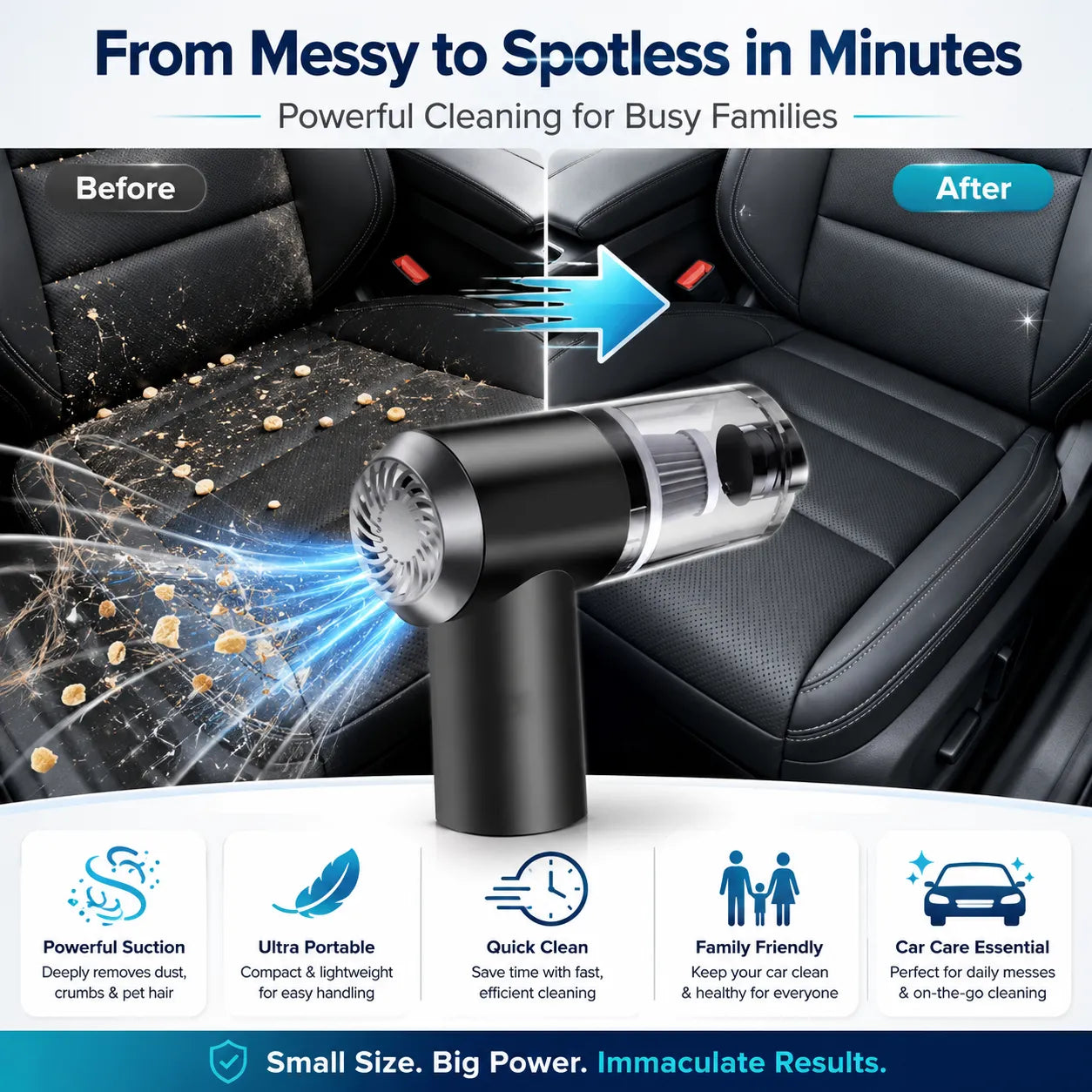 2-in-1 Portable Mini Car Vacuum & Air Blower. Rechargeable, cordless, and compact for home, car, or travel