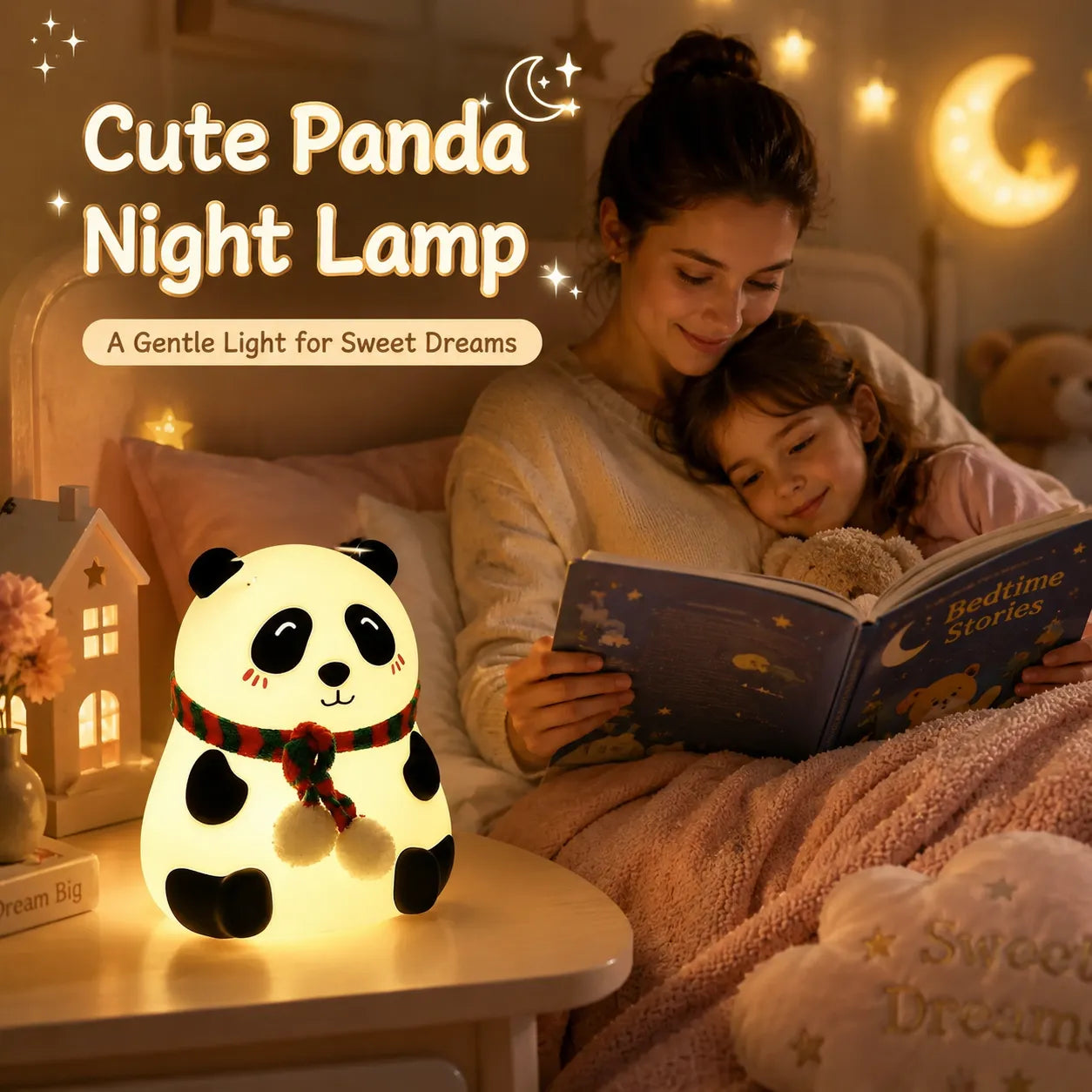 Rechargeable Large Cute Panda with scarf LED Night Light for Kids, Bedside Lamp with Warm Light (1 Pc)