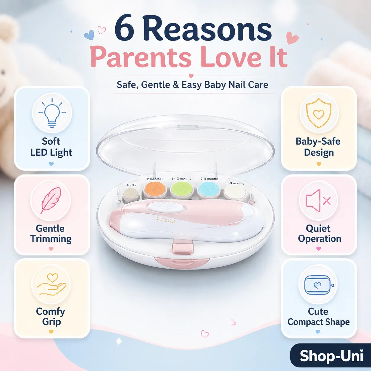 Soft LED Glow for a Peaceful, Comfy Grip, Cute Trims for Baby Nails