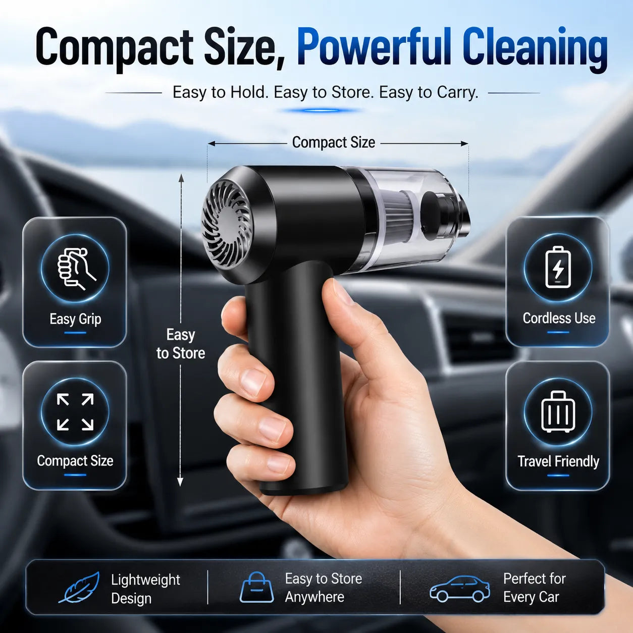 2-in-1 Portable Mini Car Vacuum & Air Blower. Rechargeable, cordless, and compact for home, car, or travel