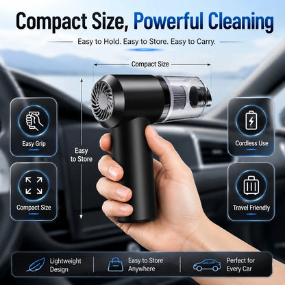 2-in-1 Portable Mini Car Vacuum & Air Blower. Rechargeable, cordless, and compact for home, car, or travel