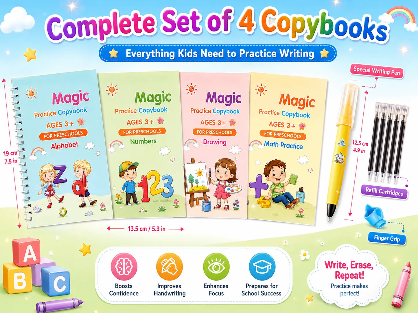 4 Pc Fun Learning Cute Preschool Writing Magic Book for Little Hands