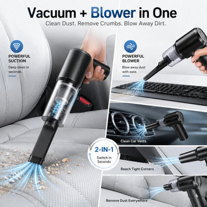 2-in-1 Portable Mini Car Vacuum & Air Blower. Rechargeable, cordless, and compact for home, car, or travel