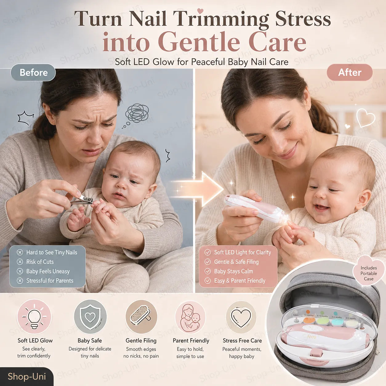 Soft LED Glow for a Peaceful, Comfy Grip, Cute Trims for Baby Nails